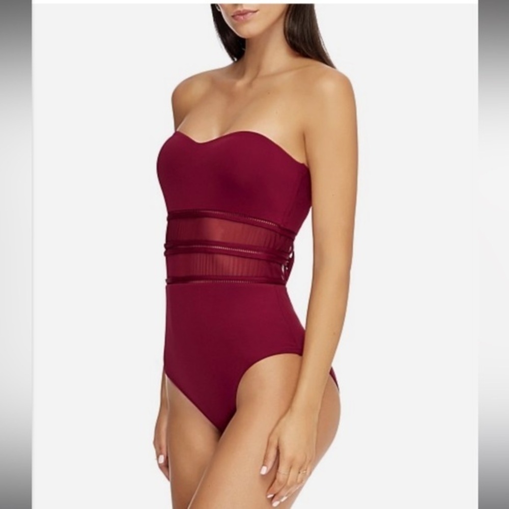 JETS Australia ASPIRE Bandeau Sheer Mesh Stripes 1-Piece Swimsuit Cranberry NWT